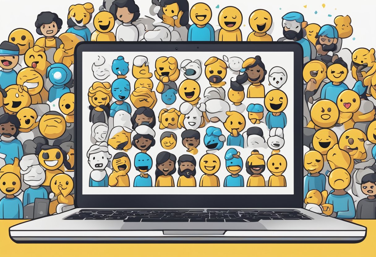 A laptop open to an OnlyFans page with a dick rating tutorial. A crowd of diverse emojis reacts below